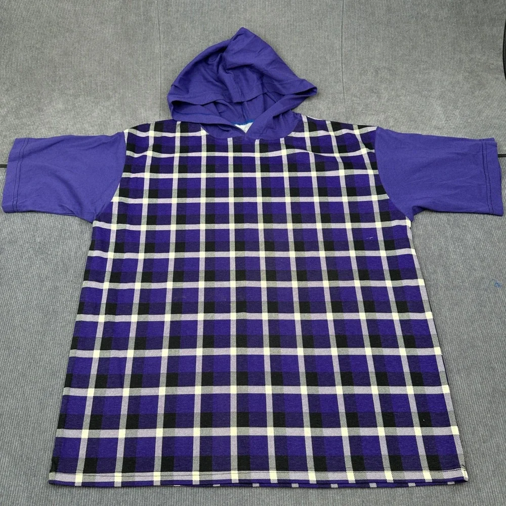 Vintage Hooded 90s Surf Shirt Purple Plaid Short Sleeve Pullover Checkered Y2K